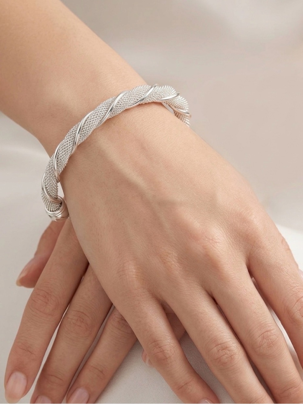 Adjustable Sterling Silver Twisted Mesh Cuff Bracelet — 925